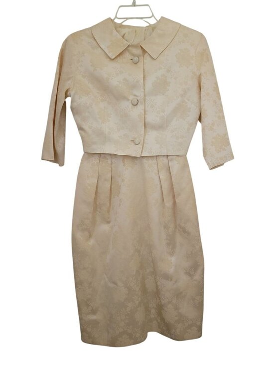 Dresses & Skirts - Vintage 50s/60s Ivory Brocade Floral Jacquard Dress & Cropped Jacket Set S/M